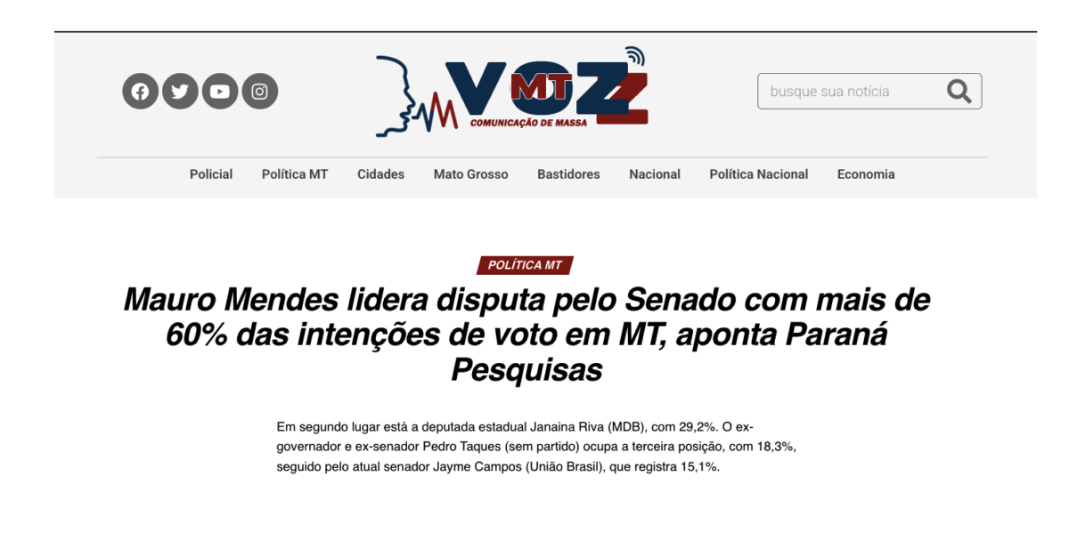 Voz MT cita pesquisa realizada pela Paraná Pesquisas no Estado de Mato Grosso.