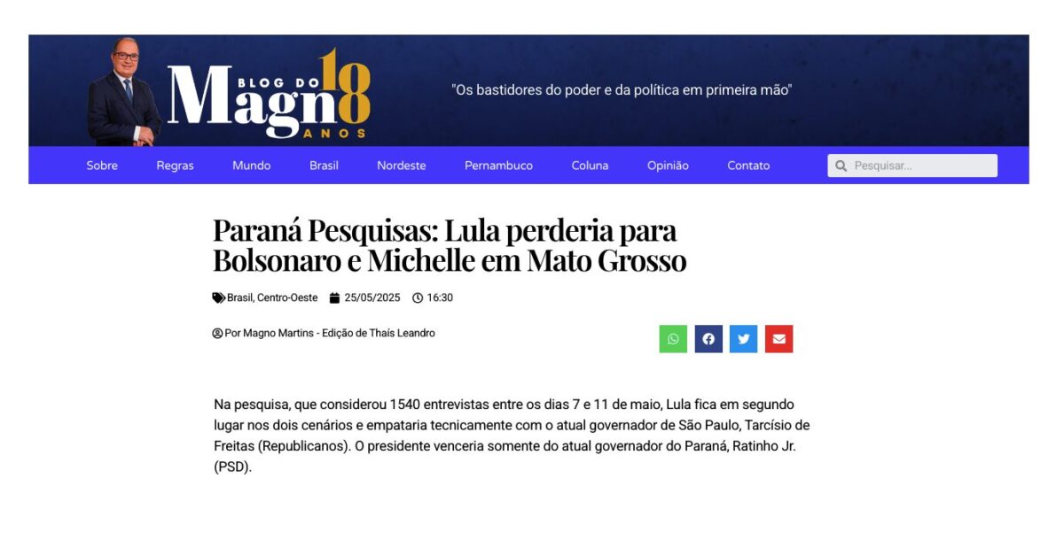 Blog do Magno cita pesquisa realizada pela Paraná Pesquisas no Estado de Mato Grosso.