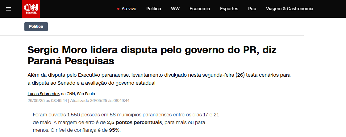 CNN Brasil cita pesquisa realizada pela Paraná Pesquisas no Estado do Paraná.