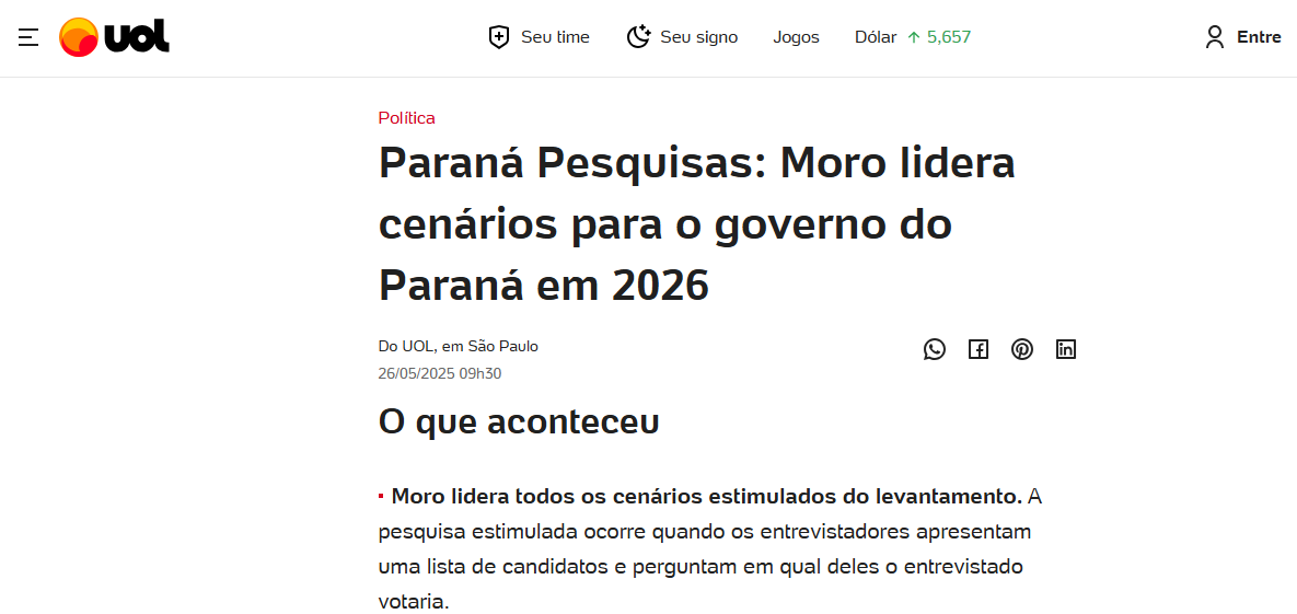 UOL Notícias cita pesquisa realizada pela Paraná Pesquisas no Estado do Paraná.