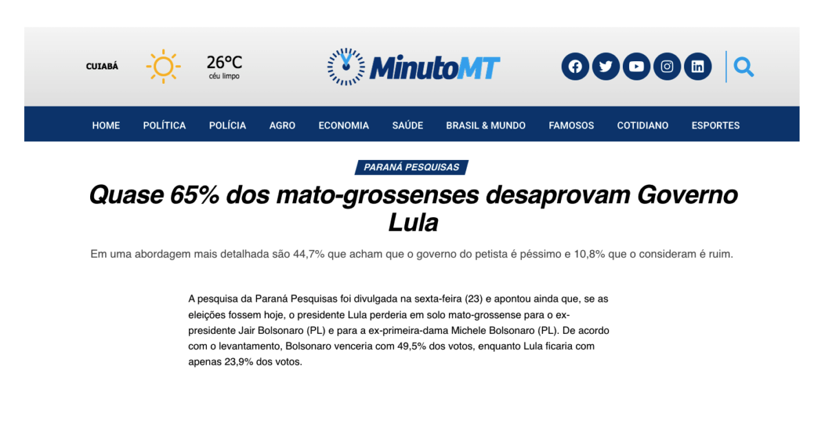 Minuto MT cita pesquisa realizada pela Paraná Pesquisas no Estado de Mato Grosso.