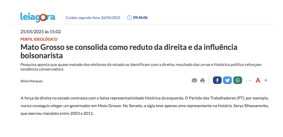 Leia Agora cita pesquisa realizada pela Paraná Pesquisas no Estado de Mato Grosso.
