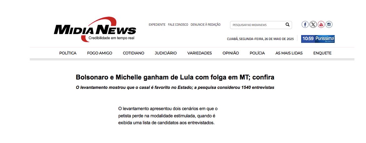 MídiaNews cita pesquisa realizada pela Paraná Pesquisas no Estado de Mato Grosso.