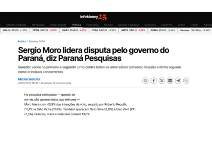 InfoMoney cita pesquisa realizada pela Paraná Pesquisas no Estado do Paraná.