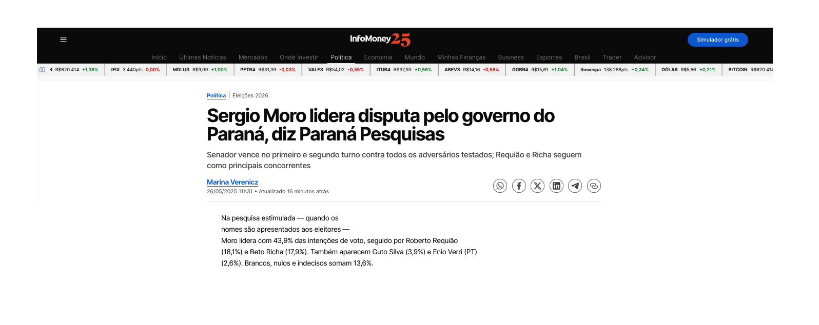 InfoMoney cita pesquisa realizada pela Paraná Pesquisas no Estado do Paraná. 1 InfoMoney cita pesquisa realizada pela Paraná Pesquisas no Estado do Paraná.