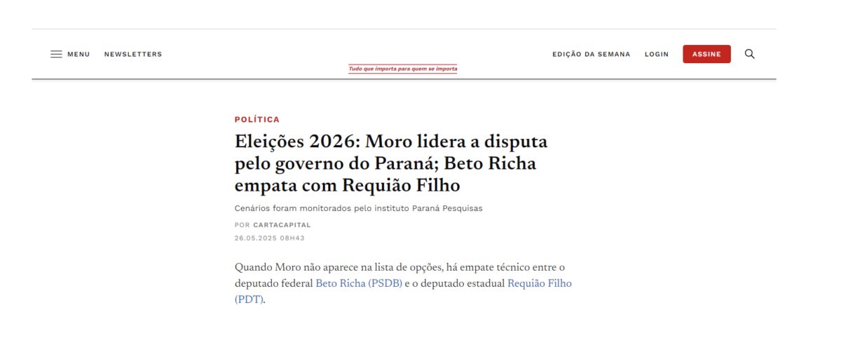Carta Capital cita pesquisa realizada pela Paraná Pesquisas no Estado do Paraná. 2 Carta Capital cita pesquisa realizada pela Paraná Pesquisas no Estado do Paraná.