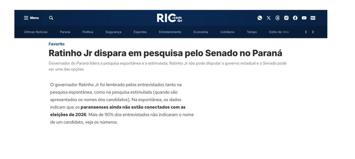 RIC cita pesquisa realizada pela Paraná Pesquisas no Estado dO Paraná. 2 RIC cita pesquisa realizada pela Paraná Pesquisas no Estado dO Paraná.