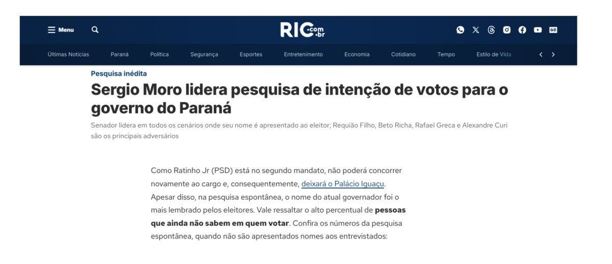 RIC cita pesquisa realizada pela Paraná Pesquisas no Estado do Paraná. 2 RIC cita pesquisa realizada pela Paraná Pesquisas no Estado do Paraná.