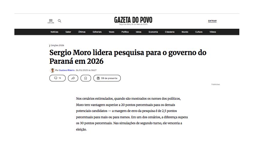 Gazeta do Povo cita pesquisa realizada pela Paraná Pesquisas no Estado do Paraná.
