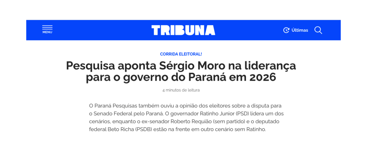 Tribuna PR cita pesquisa realizada pela Paraná Pesquisas no Estado do Paraná.