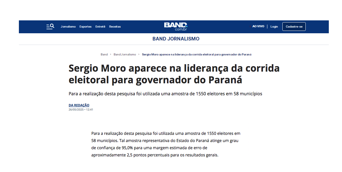 Band cita pesquisa realizada pela Paraná Pesquisas no Estado de Mato Grosso.
