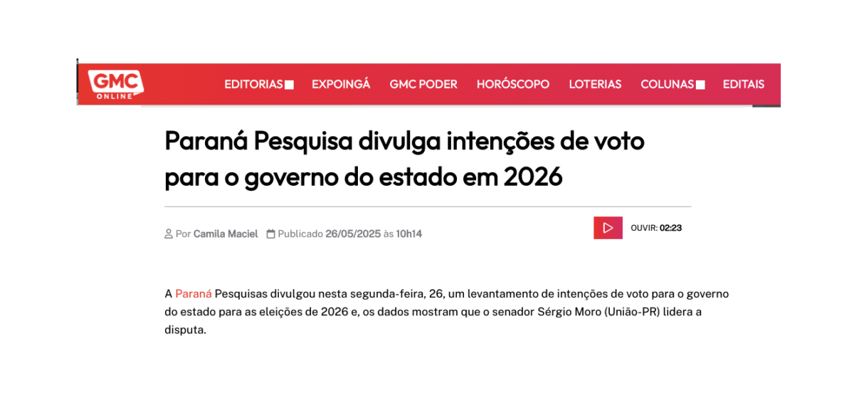 GMC Online cita pesquisa realizada pela Paraná Pesquisas no Estado do Paraná. 2 GMC Online cita pesquisa realizada pela Paraná Pesquisas no Estado do Paraná.