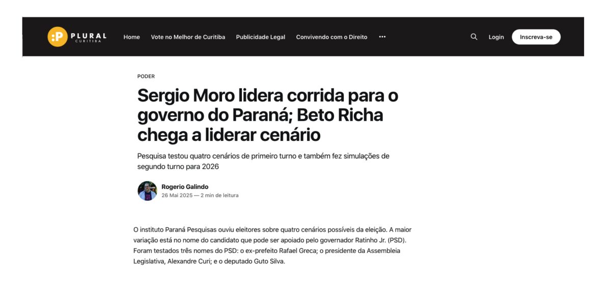 Plural Curitiba cita pesquisa realizada pela Paraná Pesquisas no Estado do Paraná.
