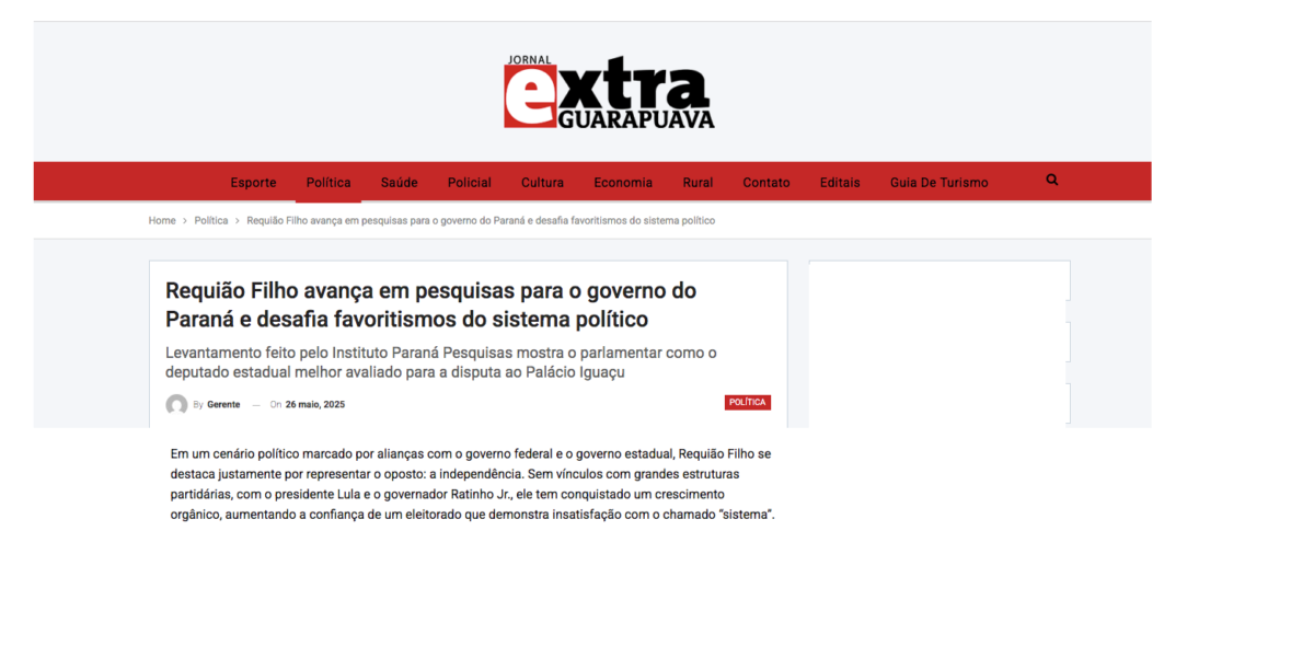 Jornal Extra Guarapuava cita pesquisa realizada pela Paraná Pesquisas no Estado do Paraná.