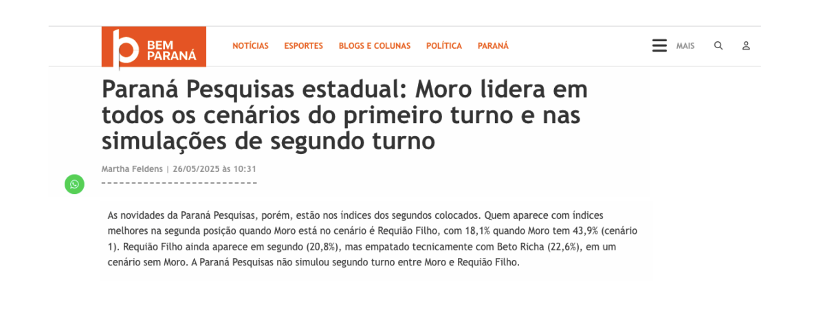 Bem Paraná cita pesquisa realizada pela Paraná Pesquisas no Estado do Paraná. 2 Bem Paraná cita pesquisa realizada pela Paraná Pesquisas no Estado do Paraná.