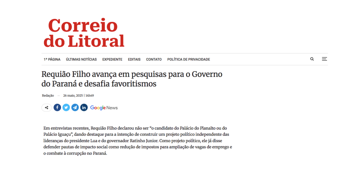 Correio do Litoral cita pesquisa realizada pela Paraná Pesquisas no Estado do Paraná.