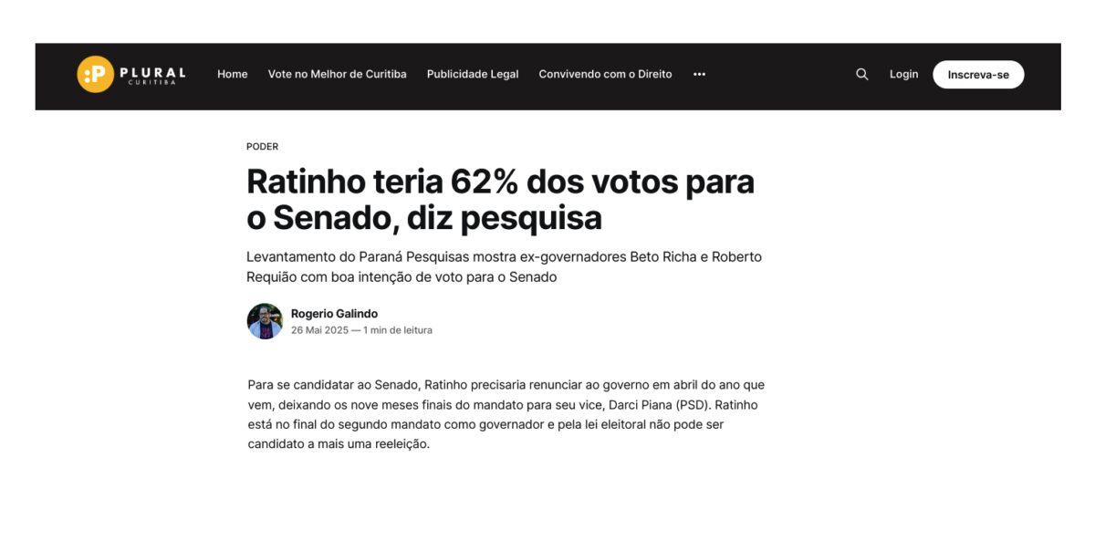 Plural Curitiba cita pesquisa realizada pela Paraná Pesquisas no Estado do Paraná. 2 Plural Curitiba cita pesquisa realizada pela Paraná Pesquisas no Estado do Paraná.