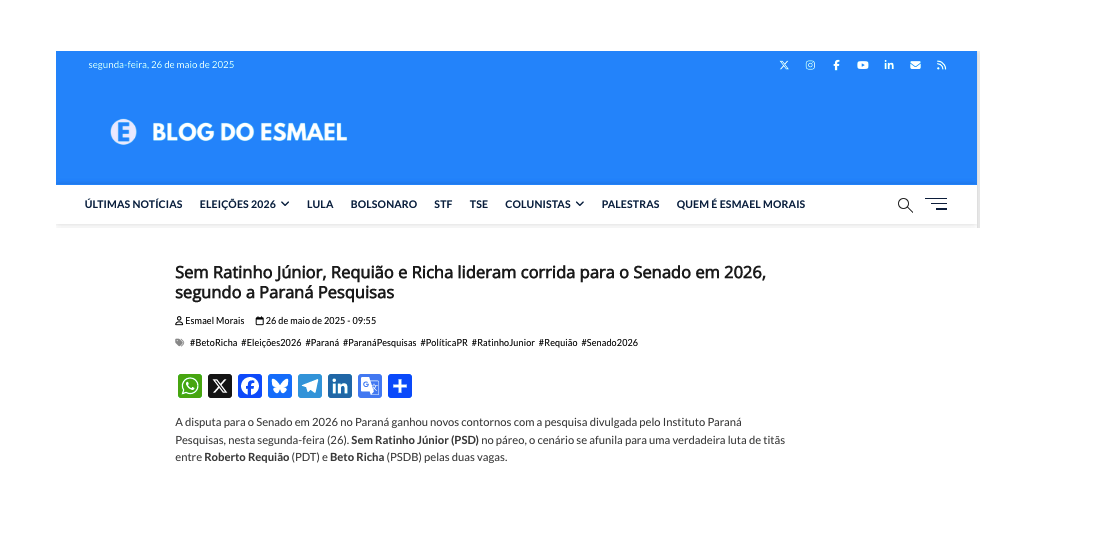 Blog do Esmael cita pesquisa realizada pela Paraná Pesquisas no Estado do Paraná.