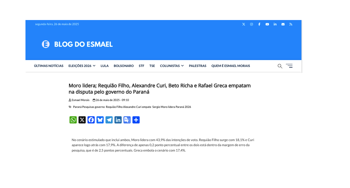 Blog do Esmael cita pesquisa realizada pela Paraná Pesquisas no Estado do Paraná. 2 Blog do Esmael cita pesquisa realizada pela Paraná Pesquisas no Estado do Paraná.