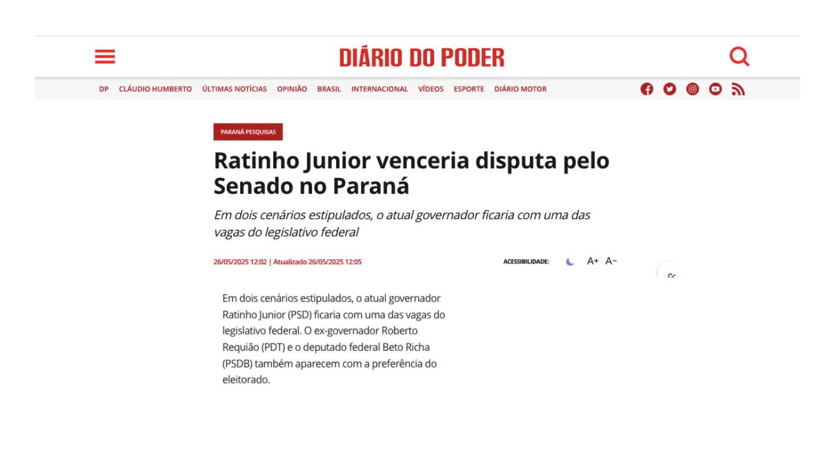 Diário do Poder cita pesquisa realizada pela Paraná Pesquisas no Estado do Paraná. 2 Diário do Poder cita pesquisa realizada pela Paraná Pesquisas no Estado do Paraná.
