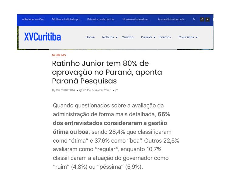 XV Curitiba cita pesquisa realizada pela Paraná Pesquisas no Estado do Paraná.