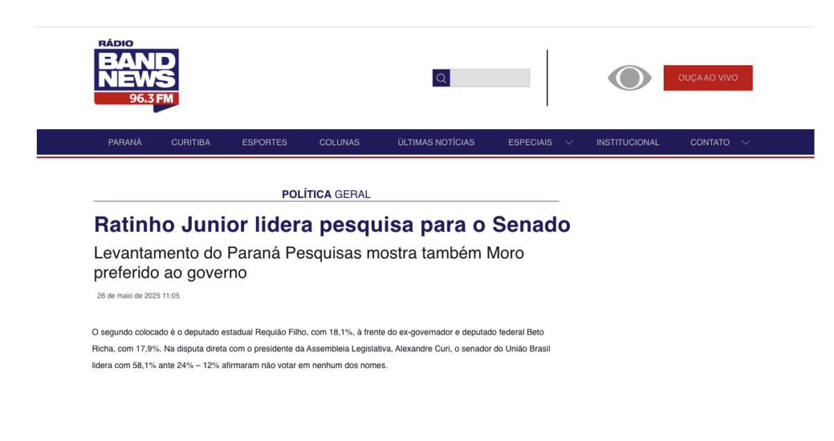 Band News FM cita pesquisa realizada pela Paraná Pesquisas no Estado do Paraná.