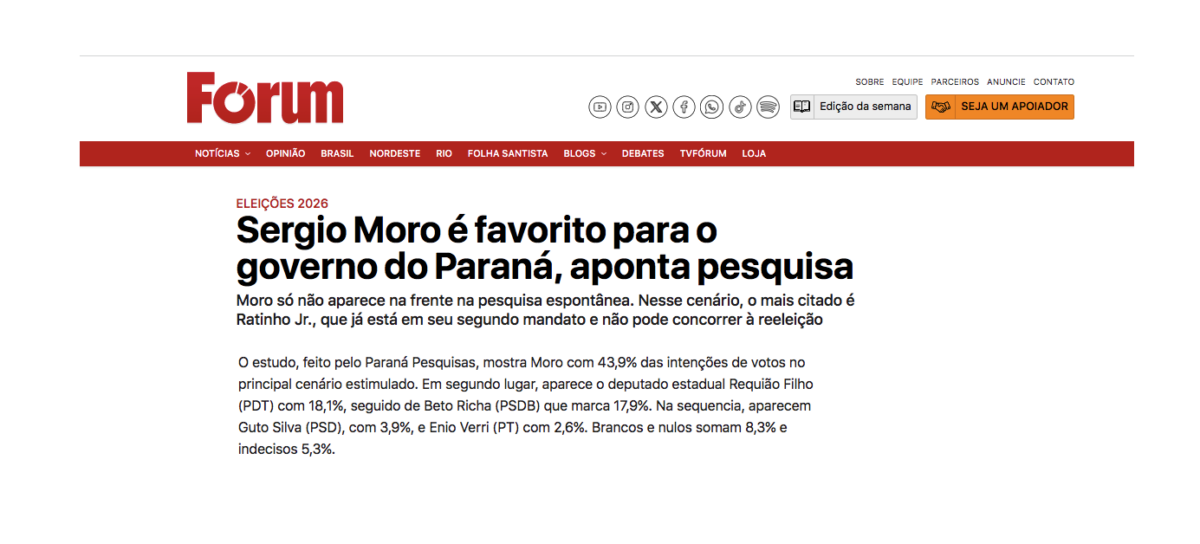 Revista Fórum cita pesquisa realizada pela Paraná Pesquisas no Estado do Paraná.