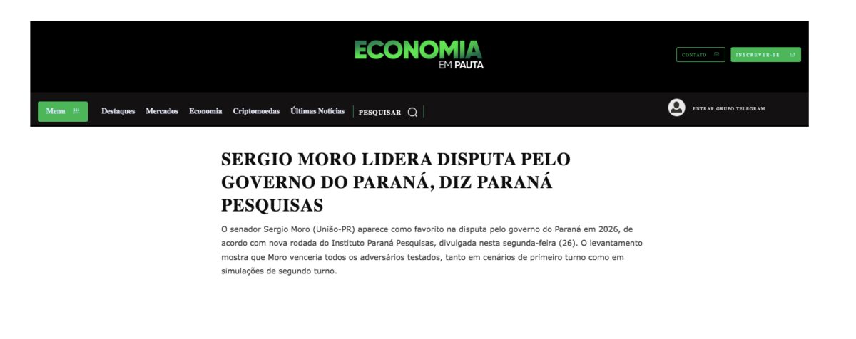 Economia em Pauta cita pesquisa realizada pela Paraná Pesquisas no Estado do Paraná.