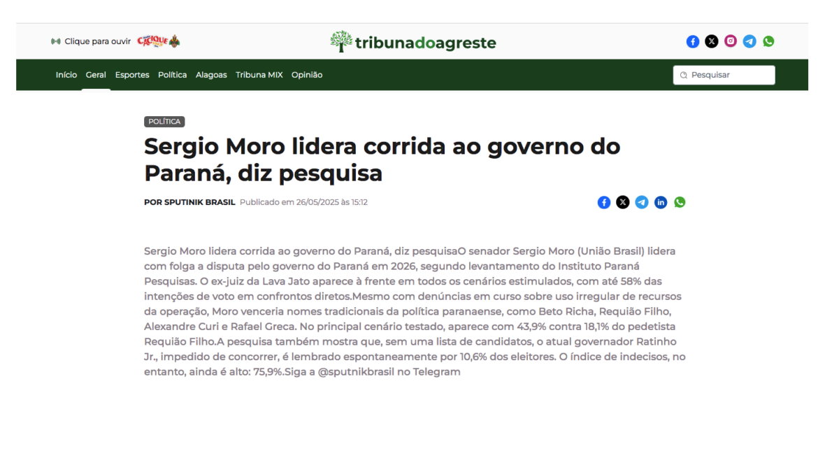 Tribuna do Agreste cita pesquisa realizada pela Paraná Pesquisas no Estado do Paraná. 2 Tribuna do Agreste cita pesquisa realizada pela Paraná Pesquisas no Estado do Paraná.