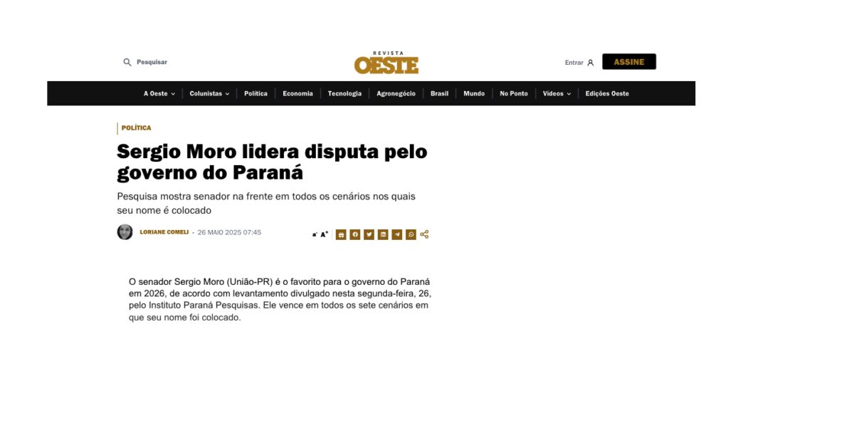Revista Oeste cita pesquisa realizada pela Paraná Pesquisas no Estado do Paraná.