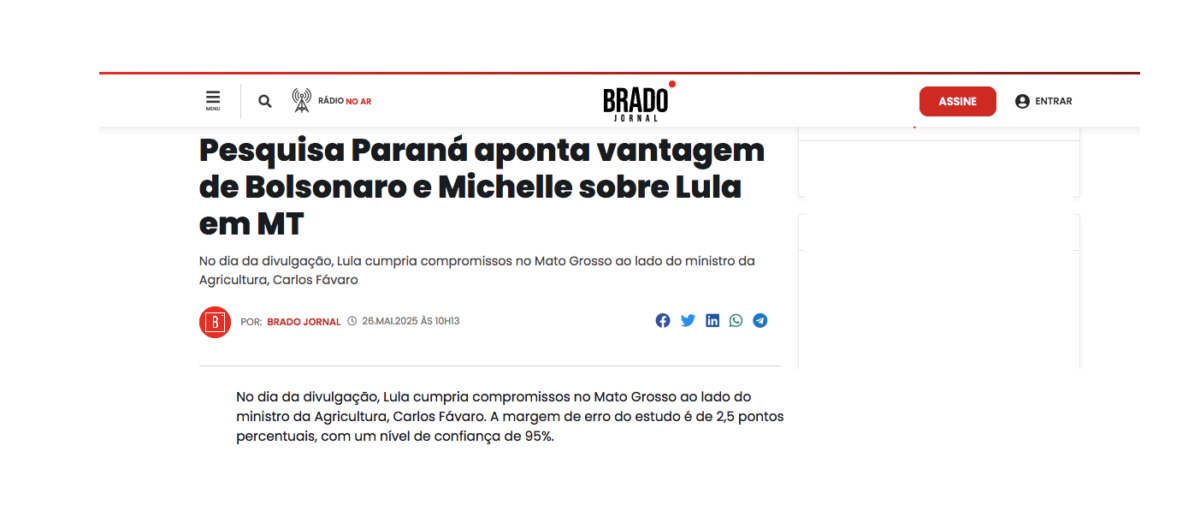Brado Jornal cita pesquisa realizada pela Paraná Pesquisas no Estado do Paraná. 2 Brado Jornal cita pesquisa realizada pela Paraná Pesquisas no Estado do Paraná.