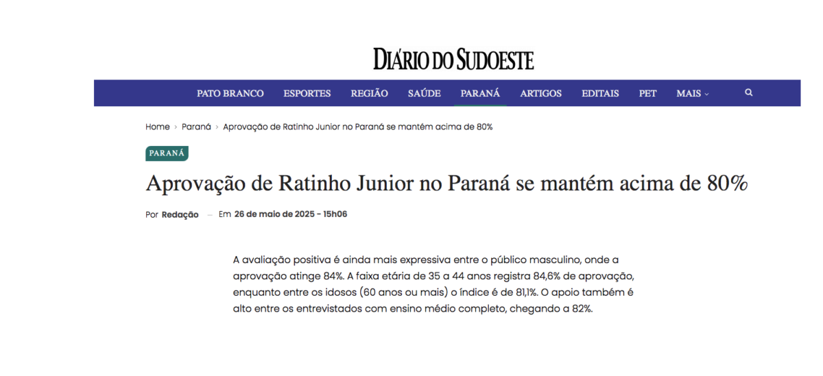 Diário do Sudeste cita pesquisa realizada pela Paraná Pesquisas no Estado do Paraná.