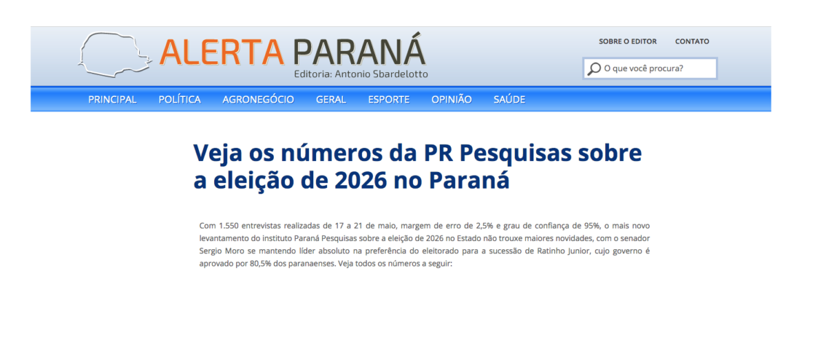Alerta Paraná cita pesquisa realizada pela Paraná Pesquisas no Estado do Paraná.