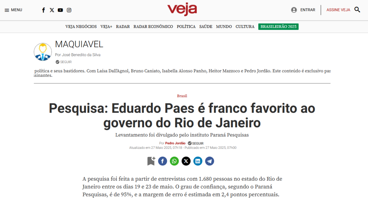 Veja cita pesquisa realizada pela Paraná Pesquisas no Estado do Rio de Janeiro. 2 Veja cita pesquisa realizada pela Paraná Pesquisas no Estado do Rio de Janeiro.