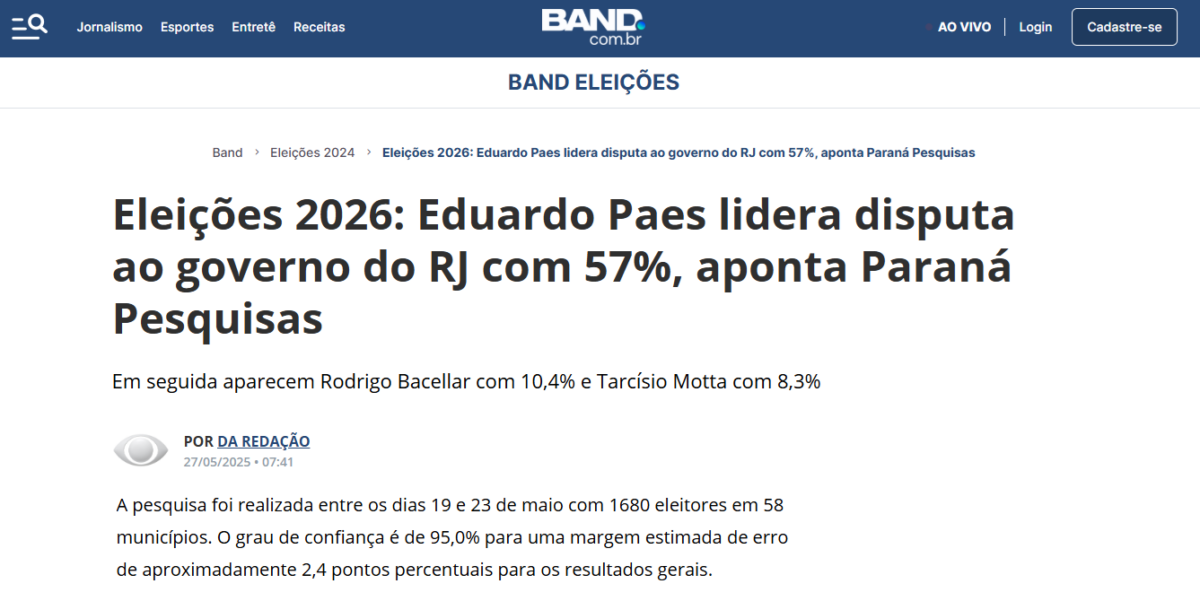 Band cita pesquisa realizada pela Paraná Pesquisas no Estado do Rio de Janeiro. 2 Band cita pesquisa realizada pela Paraná Pesquisas no Estado do Rio de Janeiro.