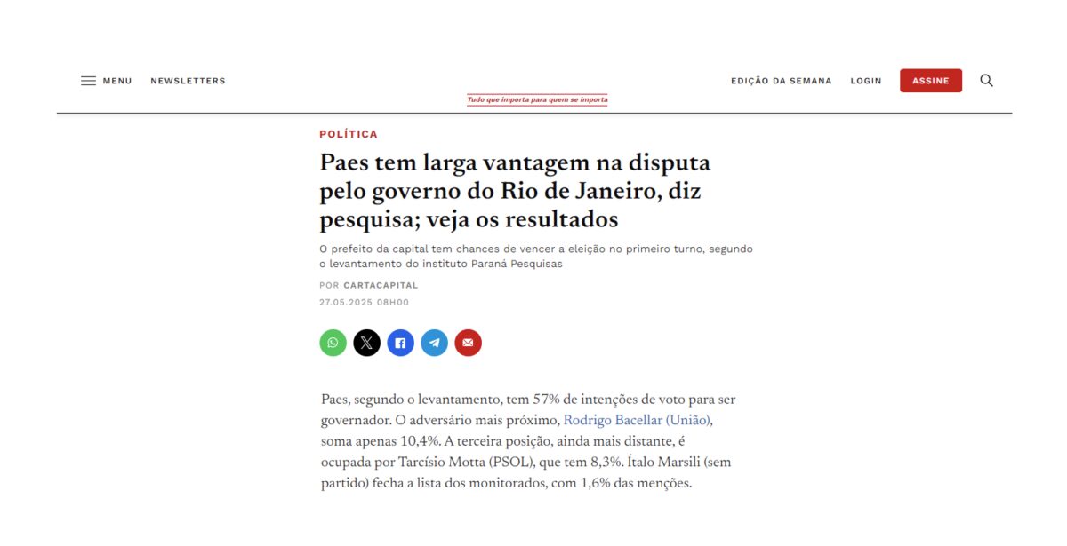 Carta Capital cita pesquisa realizada pela Paraná Pesquisas no Estado do Rio de Janeiro.