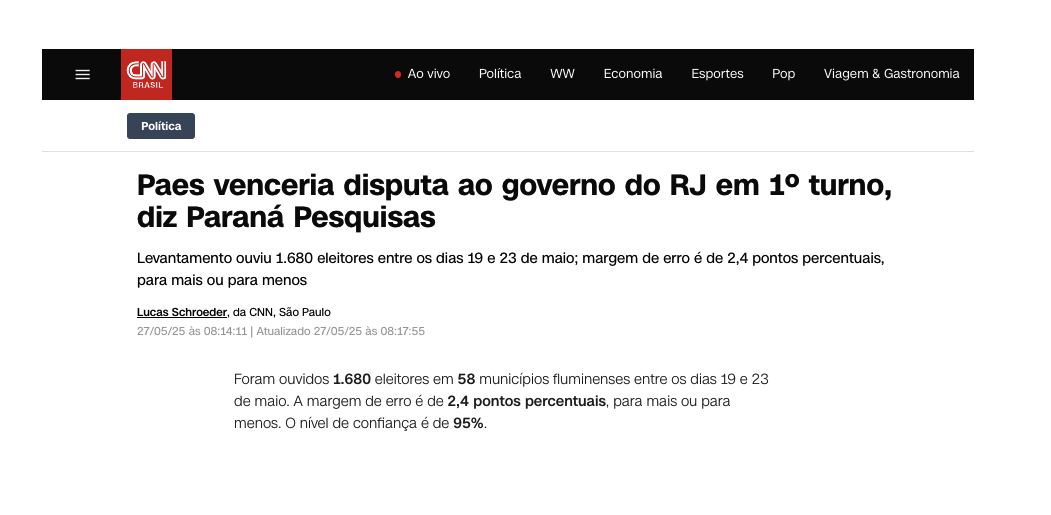 CNN Brasil cita pesquisa realizada pela Paraná Pesquisas no Estado do Rio de Janeiro. 2 CNN Brasil cita pesquisa realizada pela Paraná Pesquisas no Estado do Rio de Janeiro.