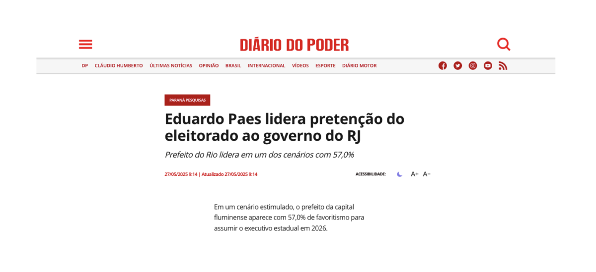 Diário do Poder cita pesquisa realizada pela Paraná Pesquisas no Estado do Rio de Janeiro.