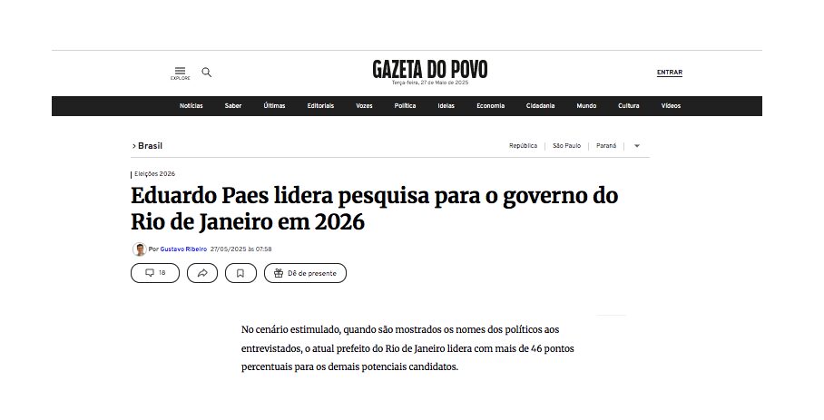 Gazeta do Povo cita pesquisa realizada pela Paraná Pesquisas no Estado do Rio de Janeiro.