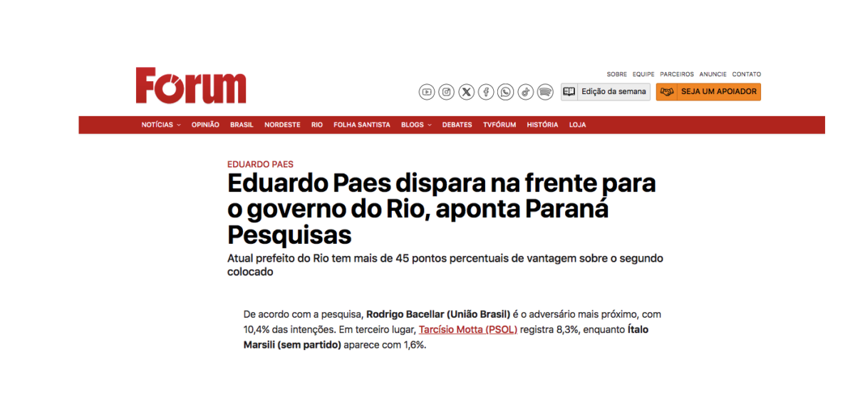 Revista Forum cita pesquisa realizada pela Paraná Pesquisas no Estado do Rio de Janeiro.