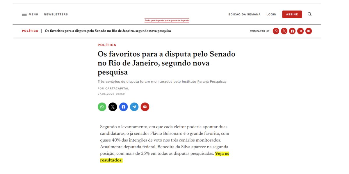 Carta Capital cita pesquisa realizada pela Paraná Pesquisas no Estado do Rio de Janeiro. 2 Carta Capital cita pesquisa realizada pela Paraná Pesquisas no Estado do Rio de Janeiro.