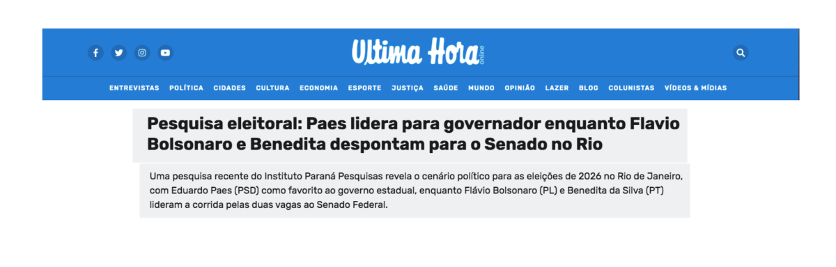 Última Hora Online cita pesquisa realizada pela Paraná Pesquisas no Estado do Rio de Janeiro.