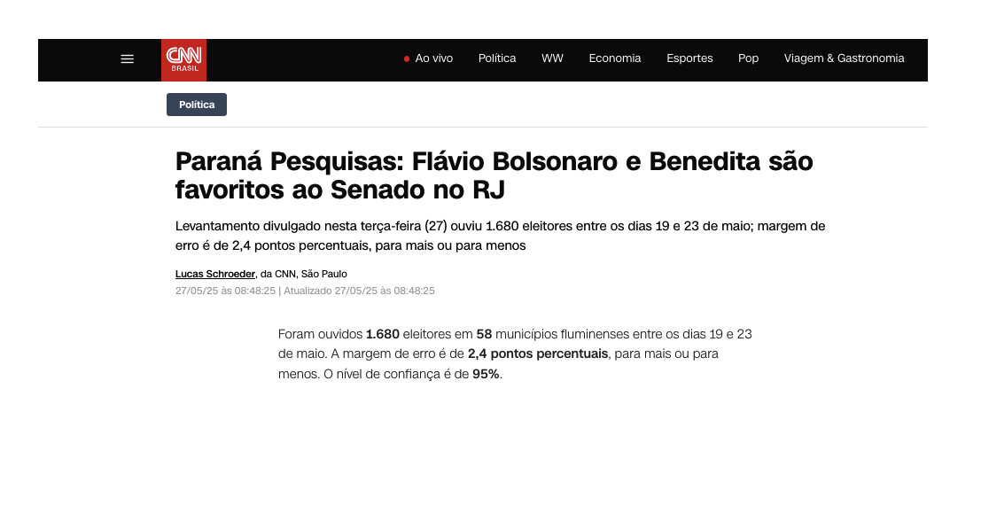 CNN Brasil cita pesquisa realizada pela Paraná Pesquisas no Estado do Rio de Janeiro. 2 CNN Brasil cita pesquisa realizada pela Paraná Pesquisas no Estado do Rio de Janeiro.