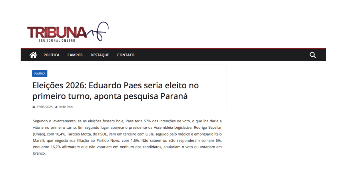 Tribuna NF cita pesquisa realizada pela Paraná Pesquisas no Estado do Rio de Janeiro.