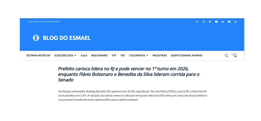 Blog do Esmael cita pesquisa realizada pela Paraná Pesquisas no Estado do Rio de Janeiro.