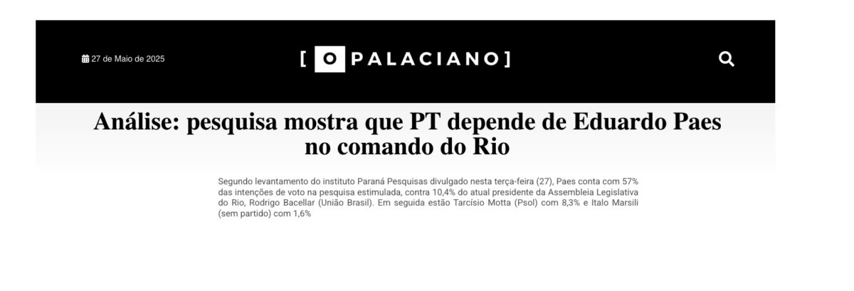 O Palaciano cita pesquisa realizada pela Paraná Pesquisas no Estado do Rio de Janeiro.