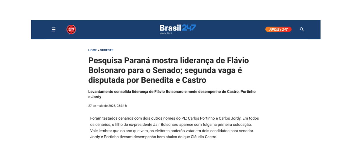 Brasil 247 cita pesquisa realizada pela Paraná Pesquisas no Estado do Rio de Janeiro. 2 Brasil 247 cita pesquisa realizada pela Paraná Pesquisas no Estado do Rio de Janeiro.