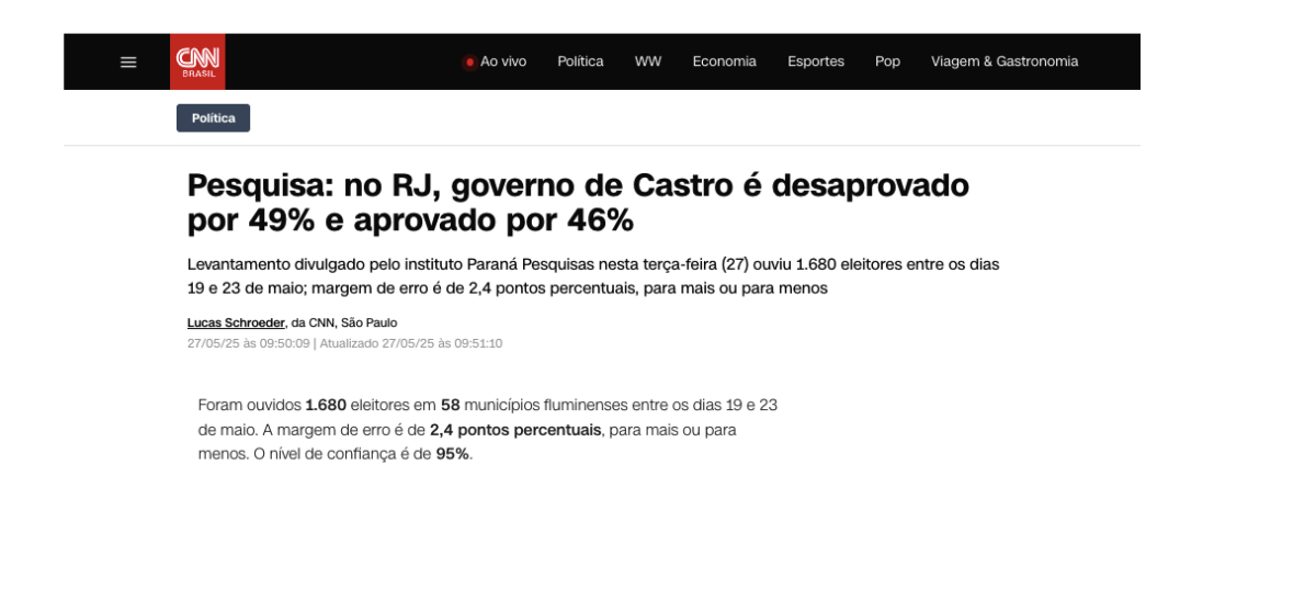 CNN cita pesquisa realizada pela Paraná Pesquisas no Estado do Rio de Janeiro. 2 CNN cita pesquisa realizada pela Paraná Pesquisas no Estado do Rio de Janeiro.