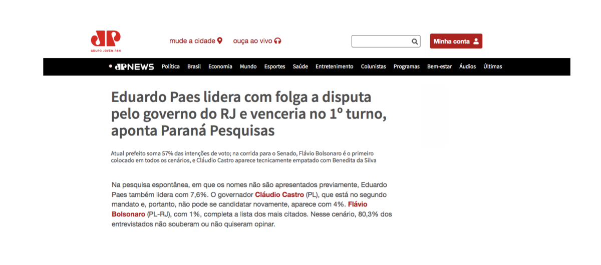 Jovem Pan cita pesquisa realizada pela Paraná Pesquisas no Estado do Rio de Janeiro.