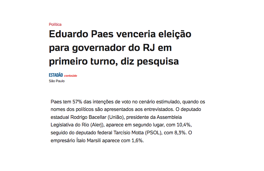 UOL cita pesquisa realizada pela Paraná Pesquisas no Estado do Rio de Janeiro.